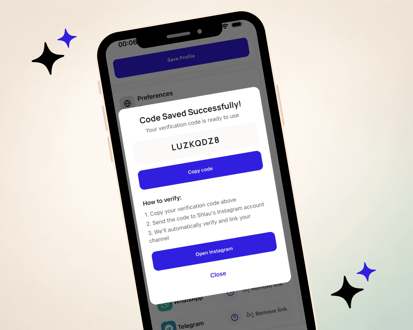 Shlau channel verification with a one-time code in WhatsApp or Telegram